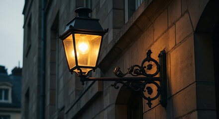 A vintage outdoor wall lamp illuminates a building facade with a warm glow, casting a cozy ambiance on a dusky evening