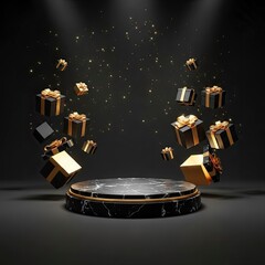 Elegant black marble podium with falling gift boxes for product display.