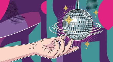 Captivating Disco Ball Illustration with Hand, Set Against a Groovy Background