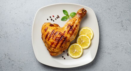 Delicious grilled chicken leg quarter seasoned with herbs and spices, served with lemon slices on a white plate