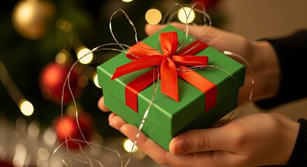 Hands holding a festive green Christmas gift with a red bow in front of a decorated tree.