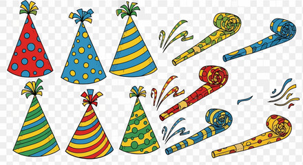 Colorful Festive Party Hats and Noisemakers Design for Celebrations and Events