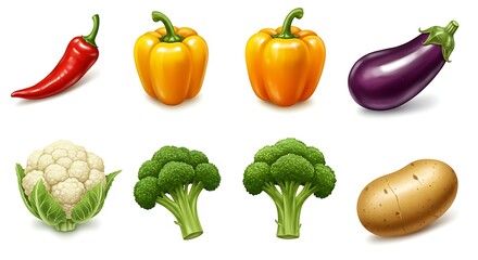 Collection of fresh, healthy, and vibrant vegetables including chili pepper, bell pepper, eggplant, cauliflower, broccoli, and potato
