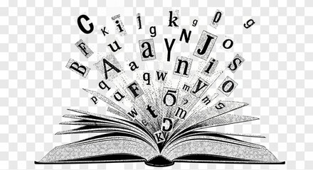 Conceptual image of an open book with letters emanating, representing knowledge and learning