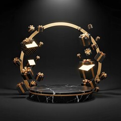 Luxurious black marble podium with a golden circular arch and floating gift boxes for product display.