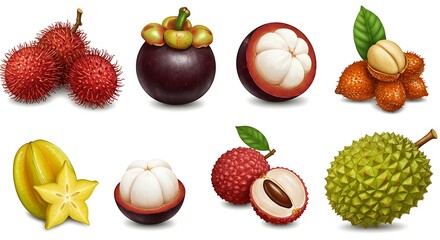 Variety of exotic tropical fruits mangosteen, rambutan, lychee, starfruit, salak, and durian. Rich colors, unique textures for healthy eating