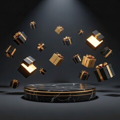 Luxury Black and Gold Gift Boxes Floating Above a Marble Podium under a Spotlight.