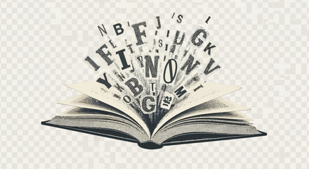 Open book with letters flying out, symbolizing knowledge and creativity concept