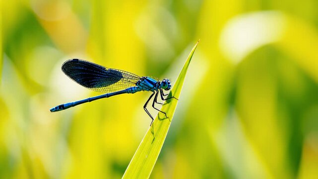 Close Up of Blue Dragonfly Perched on a Leaf in Sunlight