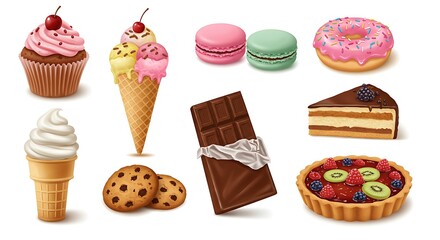Colorful assortment of popular desserts and sweet treats, featuring cake, ice cream, cookies, and a fruit tart