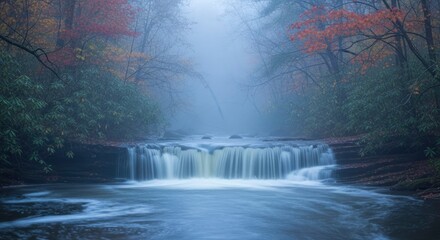 Serene cascade in a foggy forest with silky smooth water.