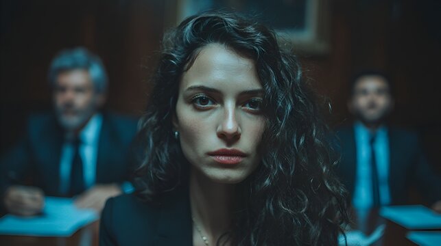 Portrait of a serious young woman in a suit seated with two men in suits at a meeting or formal setting.