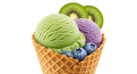 A delightful mix of green kiwi and purple blueberry ice cream scoops served in a crispy waffle cone, garnished with fresh fruit and berries for a refreshing summer treat