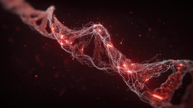 Abstract Red DNA Helix with Glowing Elements in a Dark Background