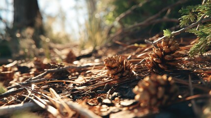 Natural Forest Ground with Pine Cones and Pine Needles in Sunlight
