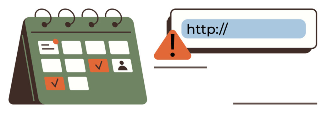 Desk calendar highlighting events beside a URL bar with warning alert. Ideal for scheduling, planning, task management, deadlines, productivity, time management, digital tools. Simple flat metaphor