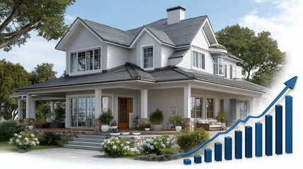 Beautiful modern house with well maintained garden, showcasing growth chart symbolizing real estate investment potential