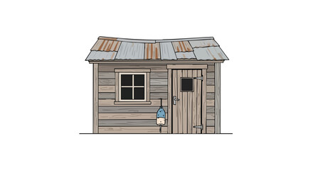 Weathered shack with corrugated metal roof and a vintage aesthetic rural construction, isolated illustration of an old wooden shed against a clean