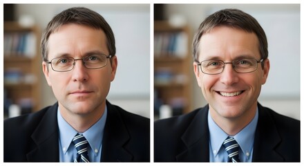 A professional man in formal attire with glasses, showing a serious expression in the first image and a cheerful smile in the second image, set against a blurred office background