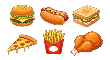 Delicious Cartoon Food Burger, Hotdog, Sandwich, Pizza, Fries, and Chicken - Culinary Delights