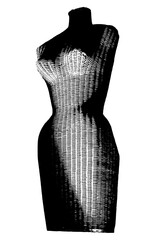 Bold black & white mannequin shows style with wicker sculpture of her body, Pleasing bold design shows attractive figure.