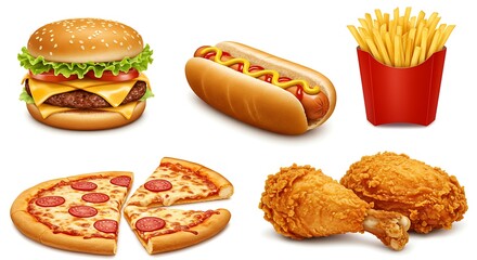 Delicious Fast Food Selection Burger, Hot Dog, Fries, Pizza, and Fried Chicken for a Quick Meal