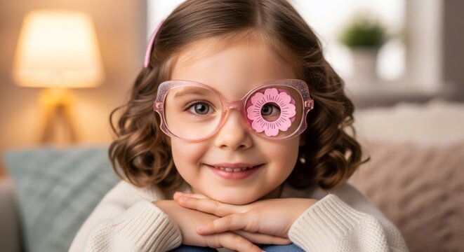 Happy little girl with amblyopia patch on eyeglasses. Childhood vision therapy for lazy eye condition. Pediatric ophthalmology and eye health concept.