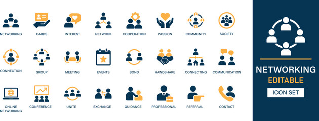 Networking icon set collection. Cards, interest, network, cooperation, passion, community, connection, meeting, group, contact and best solid icon set.