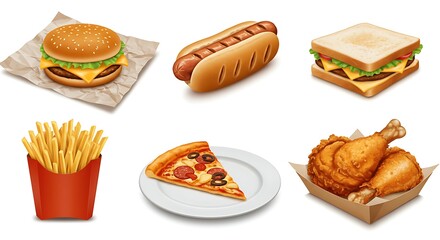 Collection of popular fast food illustrations cheeseburger, hot dog, french fries, pizza, sandwich, and fried chicken. Ideal for quick meal concepts