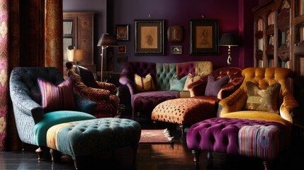 Luxurious Vintage Lounge with Colorful Upholstered Chaise Lounges