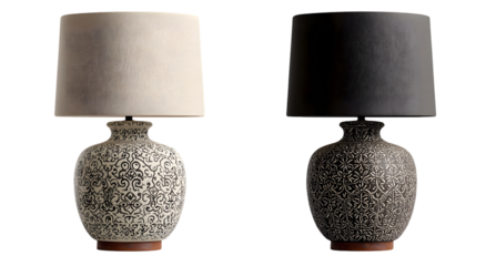 Two decorative table lamps with patterned bases on black.