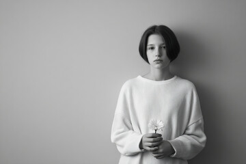 small girl with trembling lips stands against pure monochrome background holding delicate flower