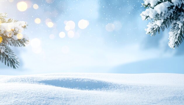 Fresh snowdrift foreground with blurred Christmas lights and frosted fir branches against a blue winter sky.
