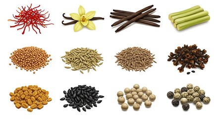 A diverse collection of aromatic whole spices and culinary flavorings isolated on a white background