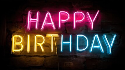 Bright Neon Sign with Happy Birthday Message in Colorful Lights