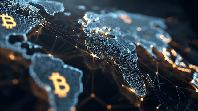 World map with crypto symbols connecting cross-border transactions