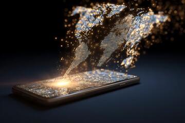 smartphone emitting glowing data beam toward holographic world map, representing international money transfer