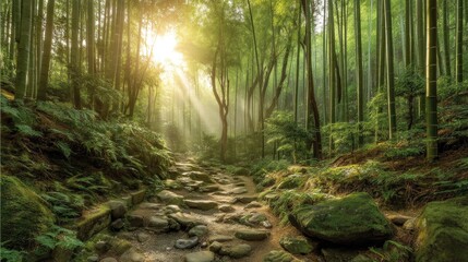 Obraz premium Serene Bamboo Forest with Sunlight Filtering Through Lush Greenery