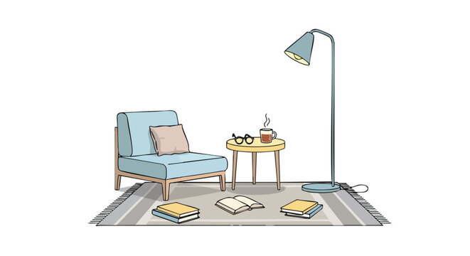 Cozy reading nook illustration featuring armchair, books, lamp, and beverage for a relaxing and inviting atmosphere