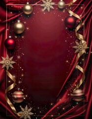 Luxurious deep red Christmas background featuring gold ornaments and glowing festive frame