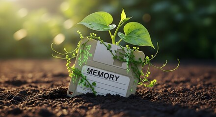 A small digital storage device with green vines growing around it, symbolizing growth and the importance of memory in nature and technology