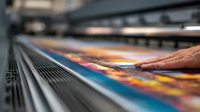 Closeup medium shot of a professional inspecting freshly printed large format signs for sharp text and vivid colors.