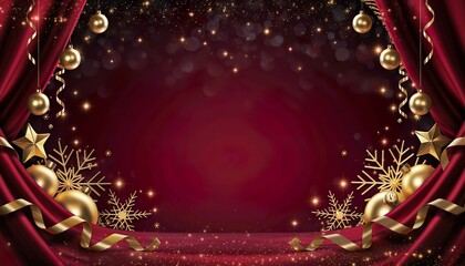Luxurious deep red Christmas background featuring gold ornaments and glowing festive frame