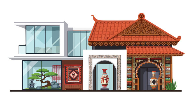 Illustrative juxtaposition showcasing modern and traditional architectural designs with ornamental elements blending history and current design trends