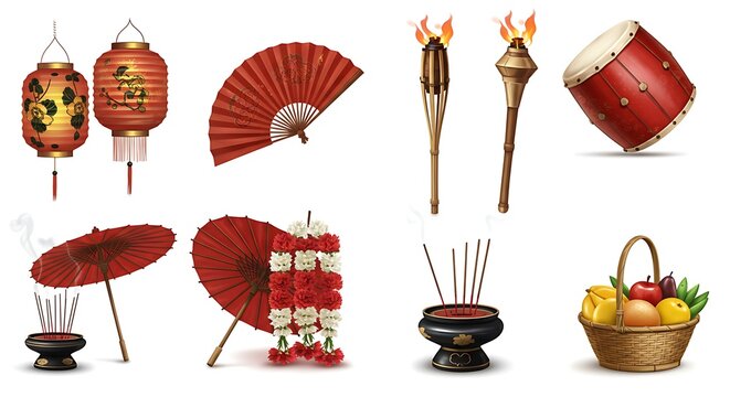 A diverse collection of realistic Asian cultural objects for festivals and celebrations