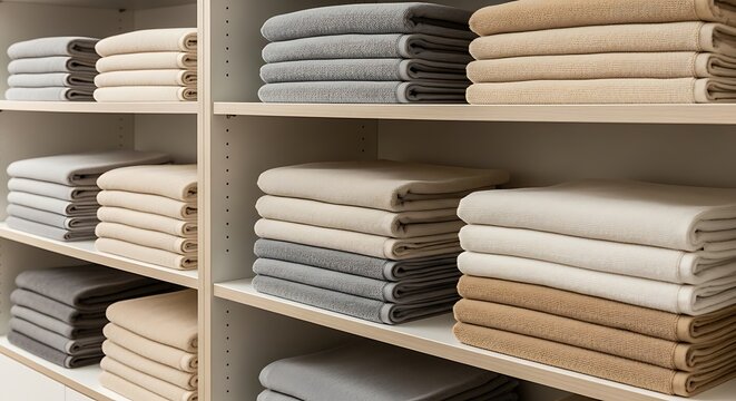 Neatly Stacked Linens on Shelves in a Store.
