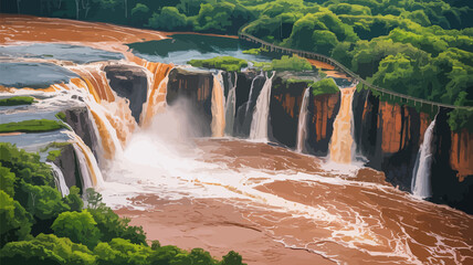 Majestic iguazu falls cascading with lush green rainforest and muddy river water