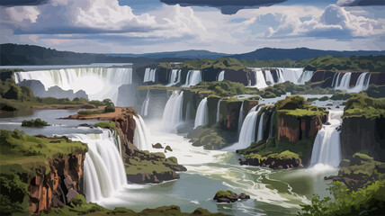 Majestic iguazu falls with lush greenery and dramatic clouds © Nasirox studio
