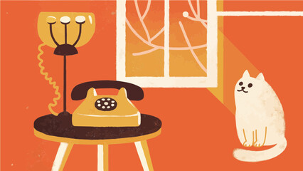 with a cute cat sitting beside it, soft lighting and warm nostalgic tones.