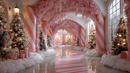 Candy cane Christmas wonderland with pink arches and frosted decorations.